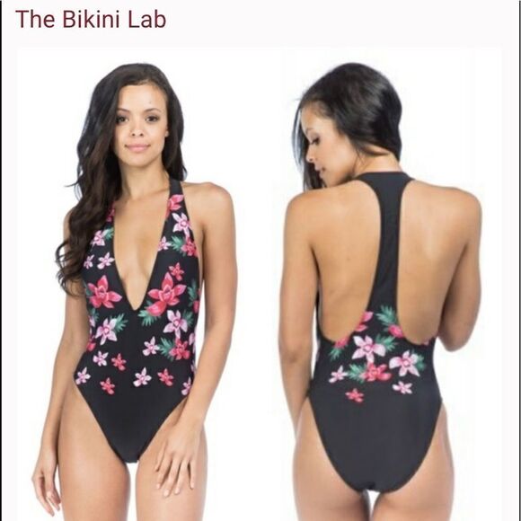 Bikini Lab Love On Trop Plunge Front Tropical Floral One Piece Black swimsuit - Picture 4 of 12